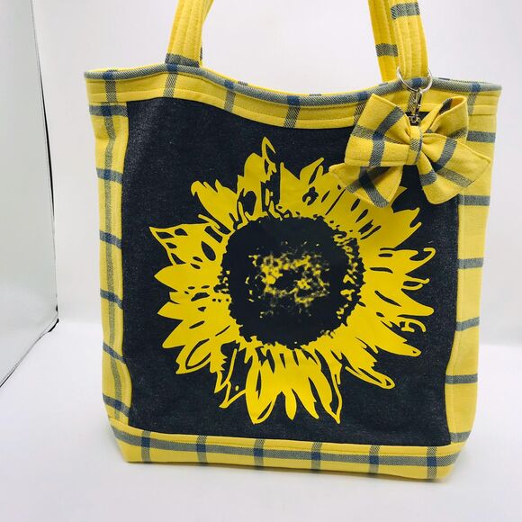 Handmade Tote Bag: Repurposed, Sunflower on Plaid, Grey, Yellow, Blue, Cottage - Picture 6 of 10
